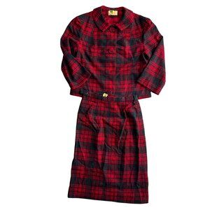 Vtg Pendleton‎ Skirt Suit Womens Red Black Plaid Wool Tartan Blazer Jacket Set